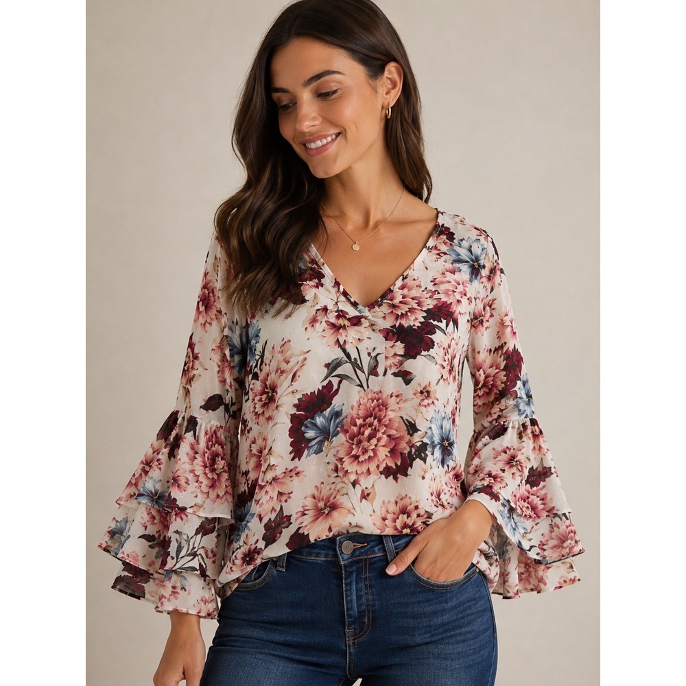 White House Black Market Floral Tiered Bell Sleeve Cowl Back Blouse Size 0